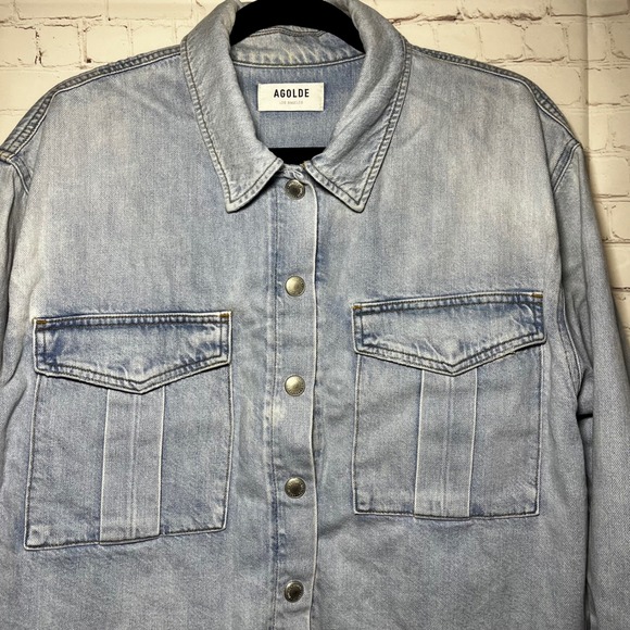 AGOLDE NYX Distressed Denim Shirt Jean Jacket Light Wash Cropped Raw Hem Size S - Picture 4 of 10